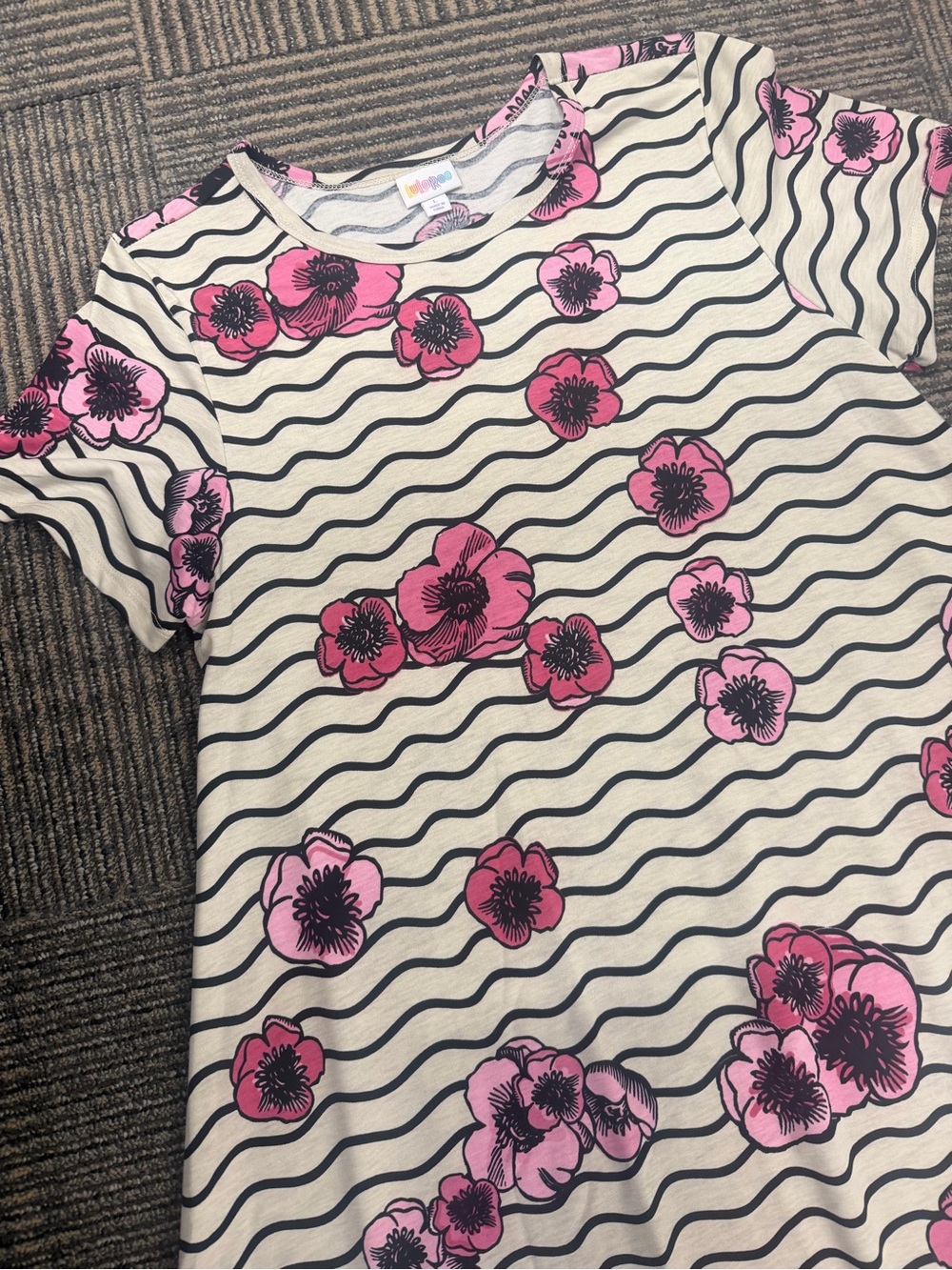 NWT LuLaRoe Carly Dress Cream Pink Floral Stripe Sz Large